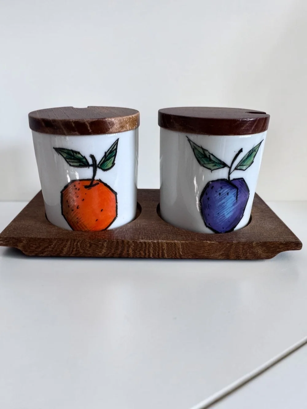 Vintage Japan Fruit Condiment Jars Set of 2 Ceramic Wood Lids & Holder MCM